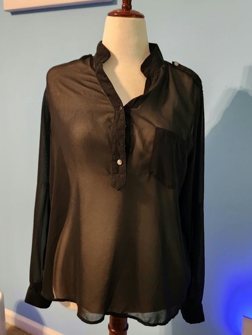 Zanzea Sheer Black Long-Sleeve Henley Blouse